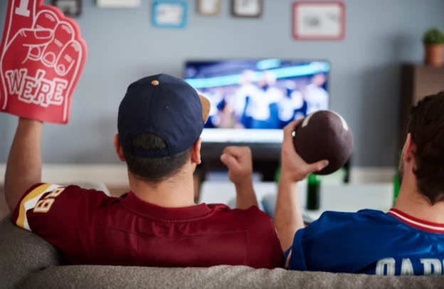 Two men with foam hand and baseball equipment